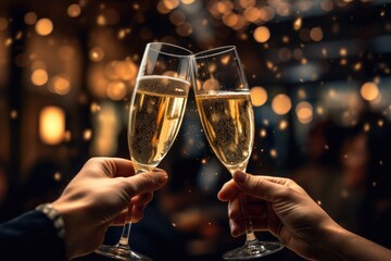 People celebrate with wine, clinking glasses in a festive atmosphere, toasting to happiness and success. - obrazy, fototapety, plakaty