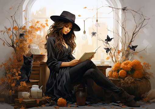 Beautiful witch in hat, Halloween background illustration