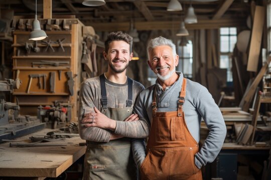 A father and son, both skilled carpenters, work together in their carpentry workshop, showcasing their expertise and teamwork.