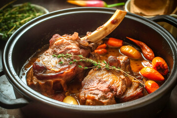 Mouth-watering lamb shoulder roast with apricots carrots onions and thyme in cast Dutch oven....