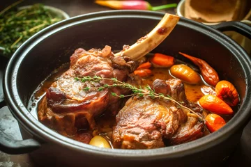 Foto op Plexiglas Mouth-watering lamb shoulder roast with apricots carrots onions and thyme in cast Dutch oven. Traditional African Moroccan cuisine dish specialty for family dinner holiday celebrations © olindana