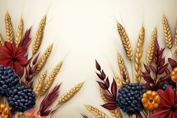 Wheat ears, grapes and flowers along the edge of a white background. Thanksgiving card