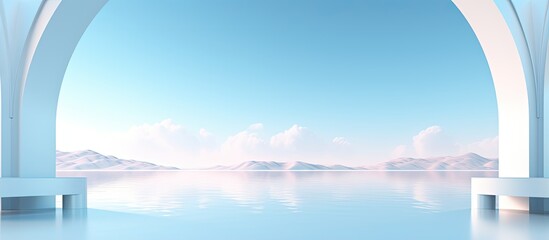 Minimal zen aesthetic wallpaper featuring a tranquil futuristic northern landscape with geometric mirror arches and a pastel blue sky