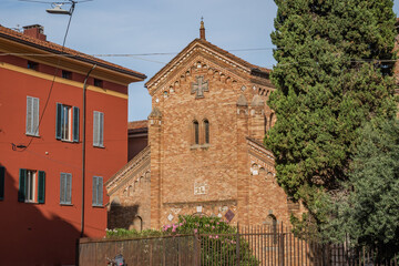 Fototapeta na wymiar Detail of facade of the Basilica Sanctuary Santo Stefano in Romanesque style, Bologna ITALY