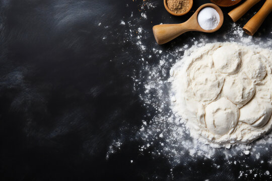 Baking background with free space for your text. Rolling pin and flour on black table. Copy space. Top view Generative AI