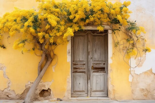 old wooden door with flowers