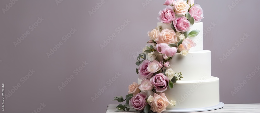 Poster Stunning contemporary three tier wedding cake adorned with roses and other floral arrangements With copyspace for text