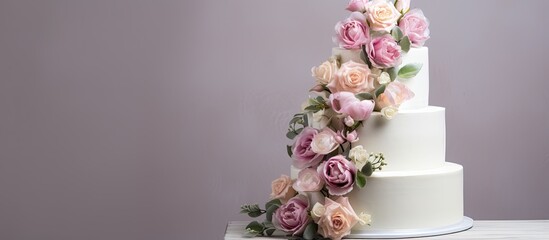 Stunning contemporary three tier wedding cake adorned with roses and other floral arrangements With copyspace for text