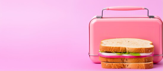 Wholesome lunch box with pink accents including take out bread With copyspace for text