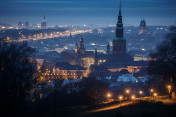 Twilight view of Kraków city from the Kościuszko Mound. Generative AI