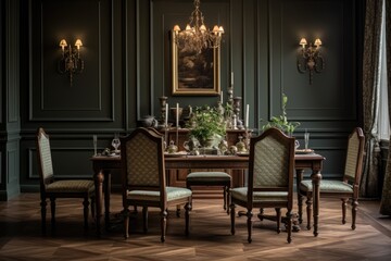 Details of the elegant, classic dining room with luxury furniture and tableware