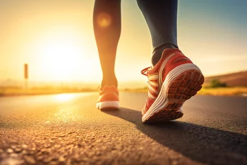 Foto op Canvas Athlete runner feet running on road closeup on shoe. Man fitness sunrise jog workout wellness concept Generative AI © kavinda