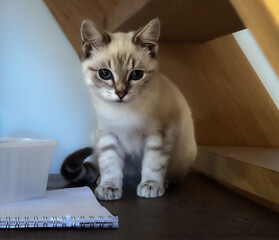View of a beige kitten under a stair - 657265783