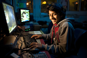  Indian teenager is working at a computer. Indian student studying online