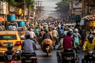 traffic jams on the roads of India. a large number of cars, pedestrians and mopeds - obrazy, fototapety, plakaty