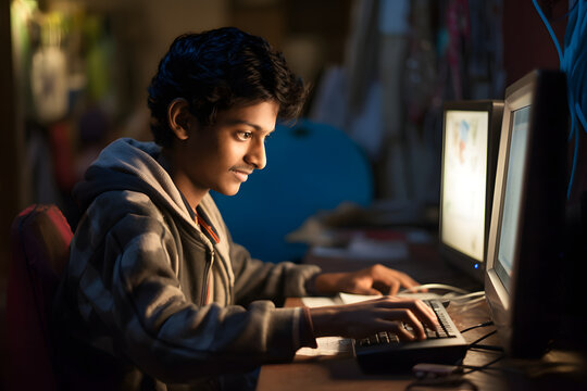  Indian teenager is working at a computer. Indian student studying online