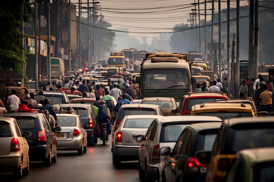 traffic jams on the roads of India. a large number of cars, pedestrians and mopeds - Powered by Adobe
