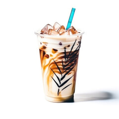 Cappuccino iced coffee with coffee beans on white background