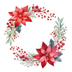 Watercolor wreath frame with poinsettia and berry isolated on a transparent background, Christmas art