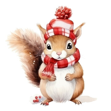 Watercolor cute squirrel in a scarf and red hat isolated on a transparent background