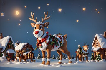Obraz na płótnie Canvas Hermoso reno con nariz roja de navidad lindo en invierno con arblolito de navidad de fondo y nieve.