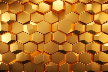 Luxurious hexagonal wall adorned with gleaming golden tile blocks. A stunning 3D rendered wallpaper. Generative AI