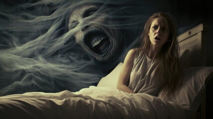 Woman suffering from sleep paralysis lying in her bed - obrazy, fototapety, plakaty
