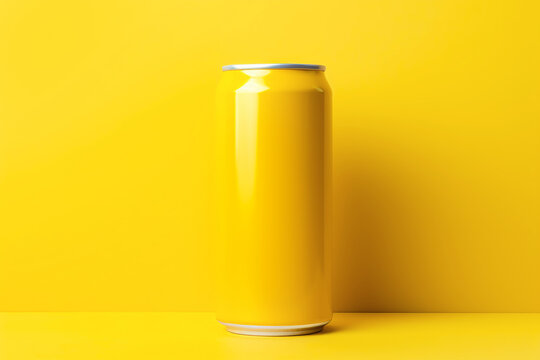 Aluminum energy drink soda can mockup on yellow background