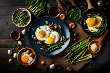 Fried eggs with asparagus leeks spinach and mushrooms useful breakfast top view overhead - obrazy, fototapety, plakaty