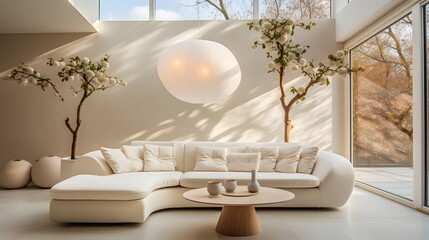 a living room with a large white sectional couch. Hollywood Glam interior Nursery with Cream color theme.