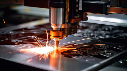 Cnc milling machine. Processing and laser cutting for metal in the industrial. Motion blur. Industrial exhibition of machine tools. - obrazy, fototapety, plakaty