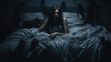Woman suffering from nightmares lying in her bed - obrazy, fototapety, plakaty