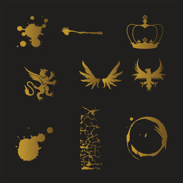 illustration on nine goldish logo element packs, golden color ink splatter, candy air khaki, flamethrower clone trooper, magic spiral, gold crown with eye catchy element 