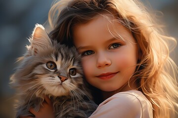 A little girl holds a kitten and hugs it. Cute girl with cat pet kitten