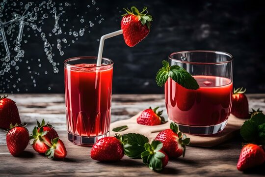 Strawbary juice in glas with straw and the strawbery nearby