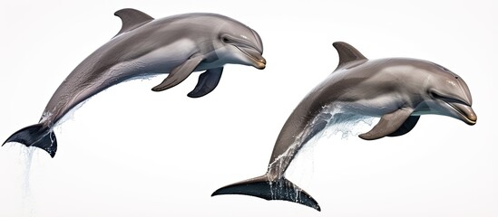 A trio of leaping bottlenose dolphins With copyspace for text