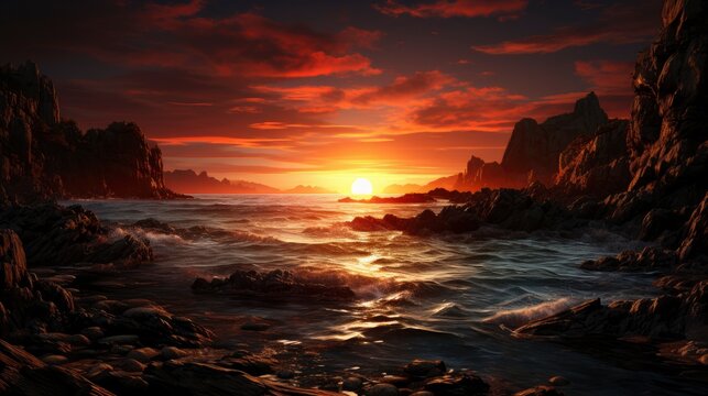 The Sun setting behind the pebbled shore casting , Background Images , HD Wallpapers, Background Image