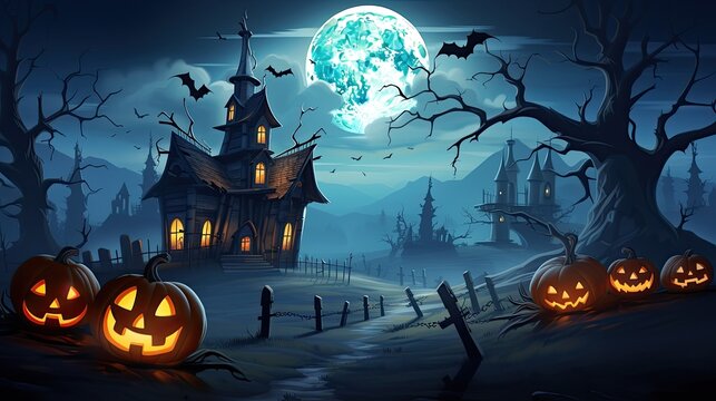 A frightening and creepy Halloween illustration depicting an ancient, dilapidated house.
