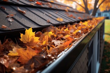 Autumn leaves in the roof drain - obrazy, fototapety, plakaty