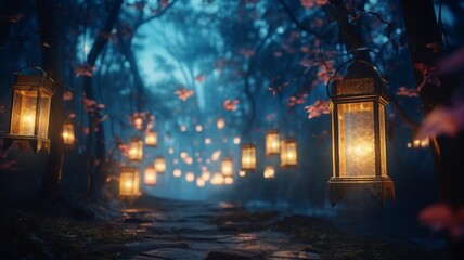 Beautiful ethereal glowing lanterns light mossy stone path Ai generated art