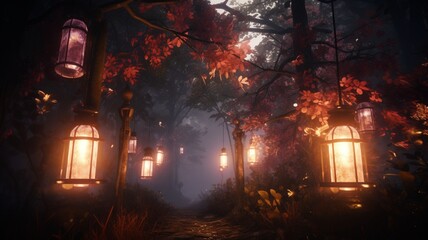 Beautiful ethereal glowing lanterns light mossy stone path Ai generated art