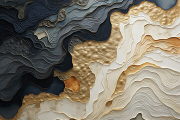 Abstract background with flowing waves in gold, white, and black marble paint. Featuring elegant curves in different shapes