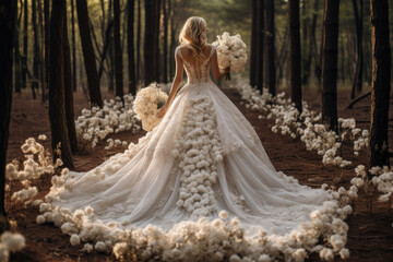 The bride in a chic dress with a train stands in the forest with bouquets of flowers - Powered by Adobe