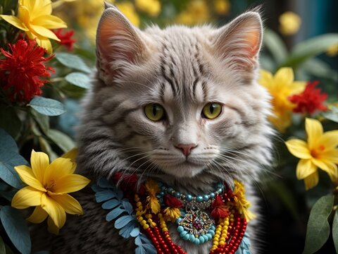Gatinho filhote cinza com cara de s&eacute;rio e bravo contrastando com adornos de flores coloridas e delicadas amarelas e manchas nos pelos preto