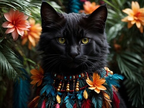 Gatinho filhote preto com cara de s&eacute;rio e bravo contrastando com adornos de flores coloridas e delicadas laranja