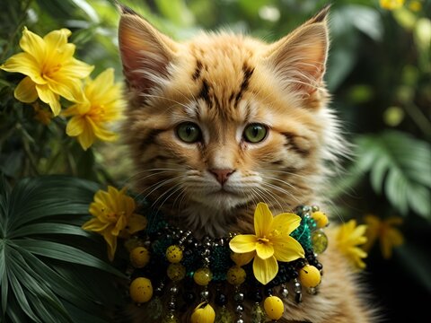 Gatinho filhote caramelo com cara de s&eacute;rio e bravo contrastando com adornos de flores coloridas e delicadas amarelas e manchas nos pelos preto