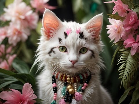 Gatinha filhote branca com cara de s&eacute;ria e brava contrastando com adornos de flores coloridas e delicadas rosa e manchas nos pelos preto e rosa