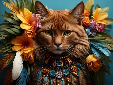 Gato adulto marrom com cara de s&eacute;rio e bravo contrastando com adornos de flores coloridas e delicadas laranja