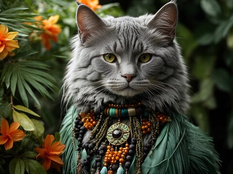 Gato adulto cinza com cara de s&eacute;rio e bravo contrastando com adornos de flores coloridas e delicadas laranja e folhagem verde e adornos verdes