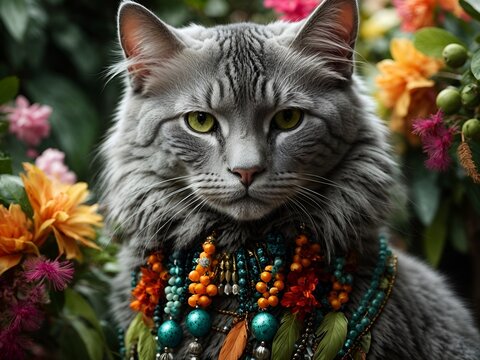 Gato adulto cinza com cara de s&eacute;rio e bravo contrastando com adornos de flores coloridas e delicadas laranja e folhagem verde